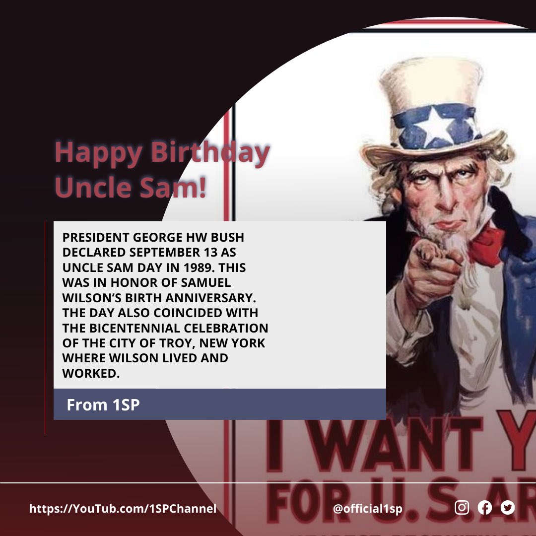 1spQuotes's tweet image. 1SP observes Uncle Sam Day on September 13th. The day commemorates the man behind the iconic image which is synonymous with the United States government. The fascinating nickname for the US government came to be on September 13, 1766. 

#official1sp #1SP #unclesam #happybirthday