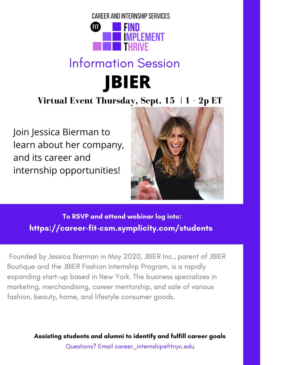 Join the CIS for an exciting Info Session with JBier on Thursday September 15th.

 <a href="/FIT_artdesign/">School of Art & Design</a>, <a href="/FITBSU/">💜FIT Black Student Union💜</a>, <a href="/FITAlumni/">FIT Alumni</a> <a href="/FITStudentGov/">FIT Student Gov</a>, <a href="/StudentLife_FIT/">StudentLife_FIT</a>, <a href="/FITtigers/">FIT Athletics</a>