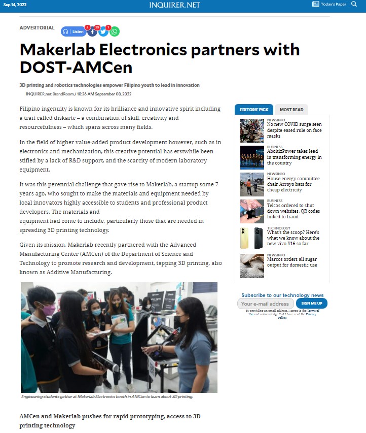 makerlab_e's tweet image. Thank you, INQ! 
This one is about our partnership with DOST-AMCen Salamat po for helping us spread the good news about the Philippines&apos; 3D printing revolution.

Tuloy-tuloy na ito mga, Makers! woohooo!

Read More:
bit.ly/3U67e5F

#MakeItMakerlab 
#MakerlabElectronics
