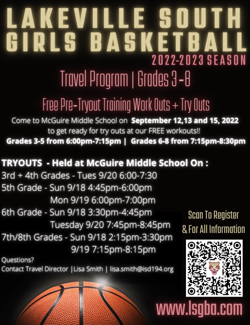 Want to check out traveling basketball?Teamwork. Development. Fundamentals. Competition. FUN! Take advantage of another free workout session this Thursday! Tryouts next week for 3rd-8th grade. Registration open. LSGBA.com #StrongerTogether