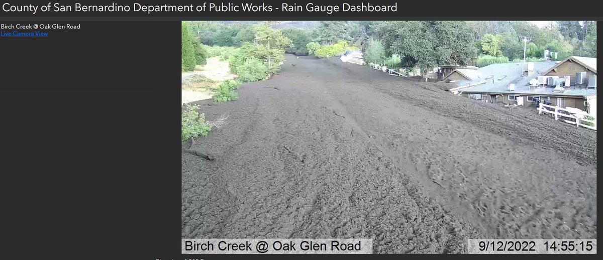 weatherechowx's tweet photo. Here was the debris flow staring on #birchcreek Oak Glen yesterday on San Bernardino public works camera with waves of mud water flow #TCKay moisture #socal Yucaipa ridge had 1.1 inch in an hour https://t.co/rua3fMD3zL