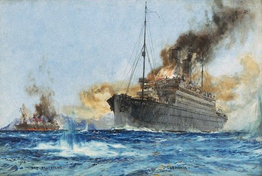 Charles Edward Dixon paints the Sep 14 1914 naval Battle of Trindade when HMS Carmania sank Imperial German Navy Raider SMS Cap Trafalgar. https://collections.rmg.co.uk/collections/objects/204091.html