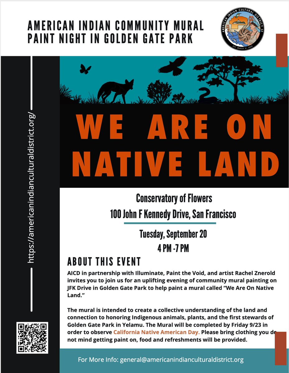 aicdsf's tweet image. Join us next Tuesday, 9/20 from 4pm - 7pm for an uplighting evening of community mural painting on JFK Drive in Golden Gate Park by the Conservatory of Flowers #NativeAmericanDay #IndigenizeSF #RamaytushOhloneLand