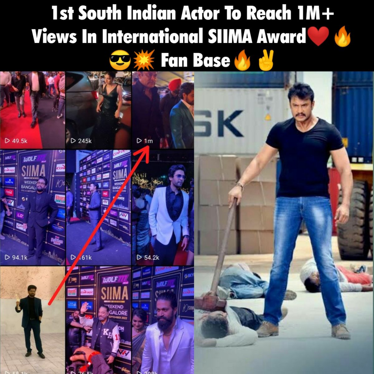 DarshanFansClu5's tweet photo. 1st South Indian Actor To Reach 1M+ Views In International SIIMA Award❤‍🔥😎💥 Fan Base🔥✌️
#DBoss #Darshan #kranti @dasadarshan https://t.co/7gBk5mG43v