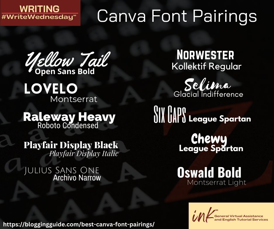 #WriteWednesday #CanvaFontPairings #InkGeneralVirtualAssistanceAndEnglishTutorialServices #VirtualAssistance #GeneralVirtualAssistance #EnglishTutorialServices
bloggingguide.com/best-canva-fon…