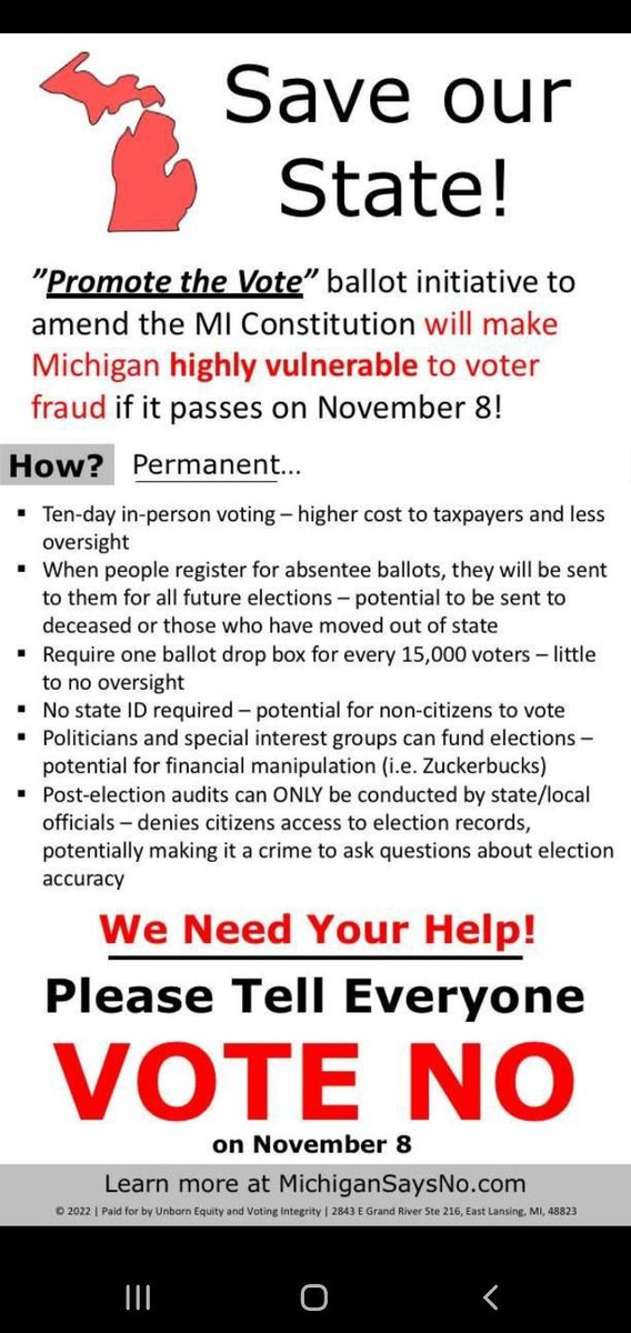 Jim_Raue's tweet photo. Attention Michigan voters: 
I think it is vitally important for you ALL to know just what Constitutional amendments are being placed on the ballot this coming November 8th, &amp; just what they mean for this state. Please the the time to review, &amp; share if you are so inclined!!! https://t.co/8tECAGcL7o