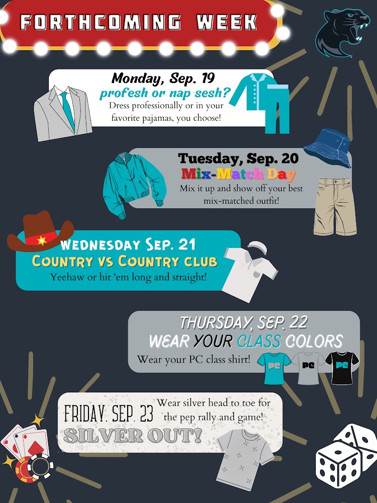 pchsstuco's tweet photo. Forthcoming week is quickly approaching, Panthers! Here are your spirit days for next week, show up and show out! #pcfoco https://t.co/6NoXxWUdaN