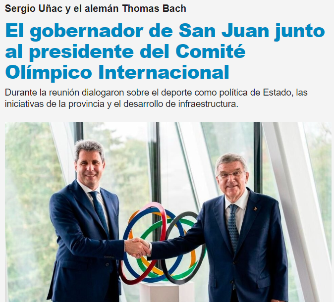 SAN JUAN  - ARGENTINA - El gobernador de San Juan junto al presidente del Comité Olímpico Internacional
Durante la reunión dialogaron sobre el deporte como política de Estado, las iniciativas de la provincia y el desarrollo de infraestructura.
pagina12.com.ar/481803-el-gobe…