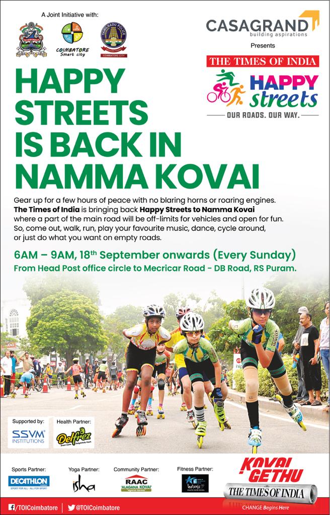 #HAPPY_STREETS IS BACK IN NAMMA #KOVAI 6AM - 9AM, 18th September onwards (Every Sunday). From Head Post office circle to Mecricar Road - DB Road, RS Puram. @TOI_Coimbatore #Coimbatore
