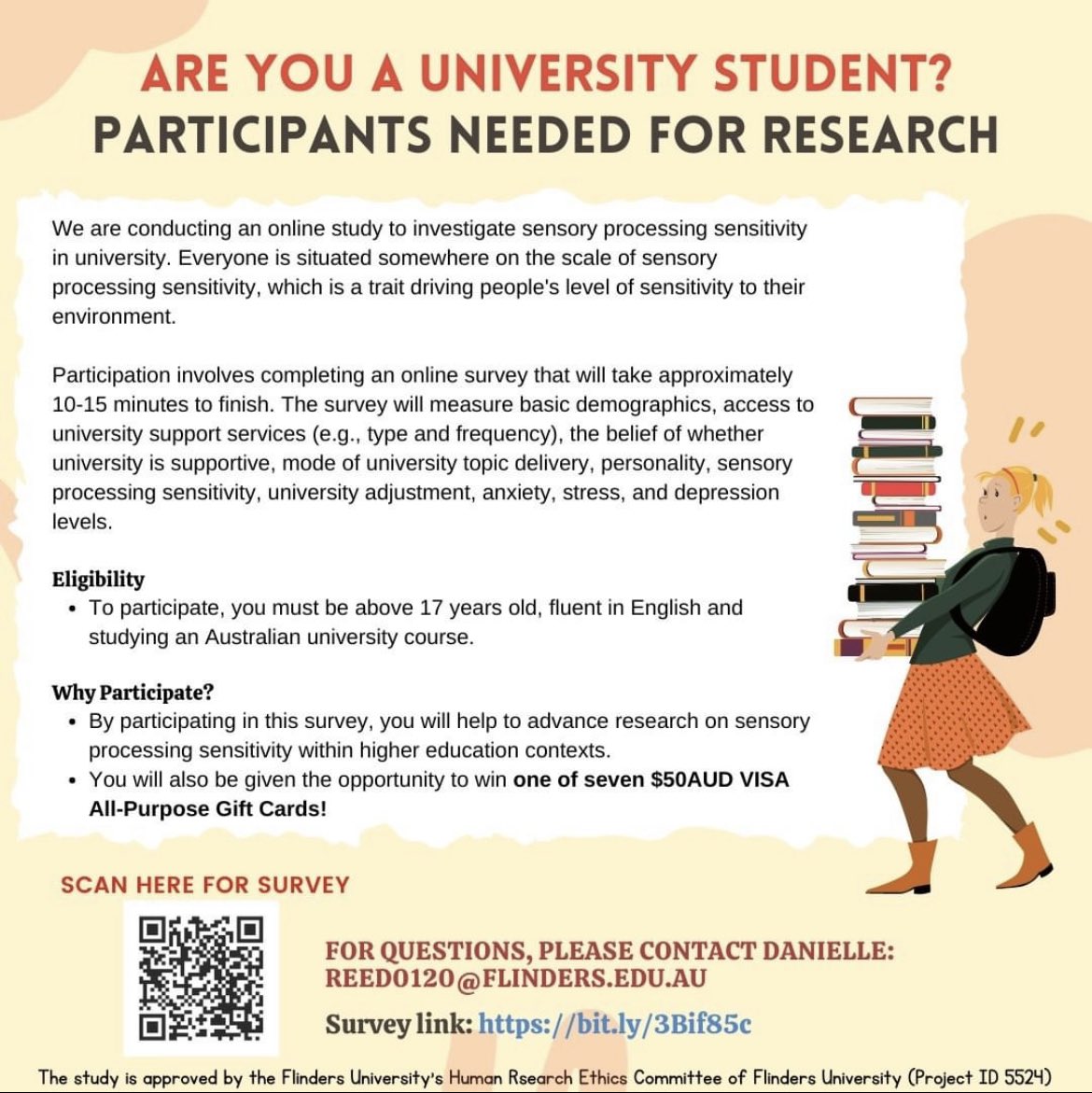 FlindersFPSA's tweet photo. Hi everyone! An online thesis study is being conducted by Dani (our Careers + Education/Executive Assistant Officer). She is looking for university students to participate in completing a 10-15 minute survey. You can win 1 of 7 $50 gift cards.
https://t.co/yYcPdKi0wB https://t.co/NyJ9MaHea2