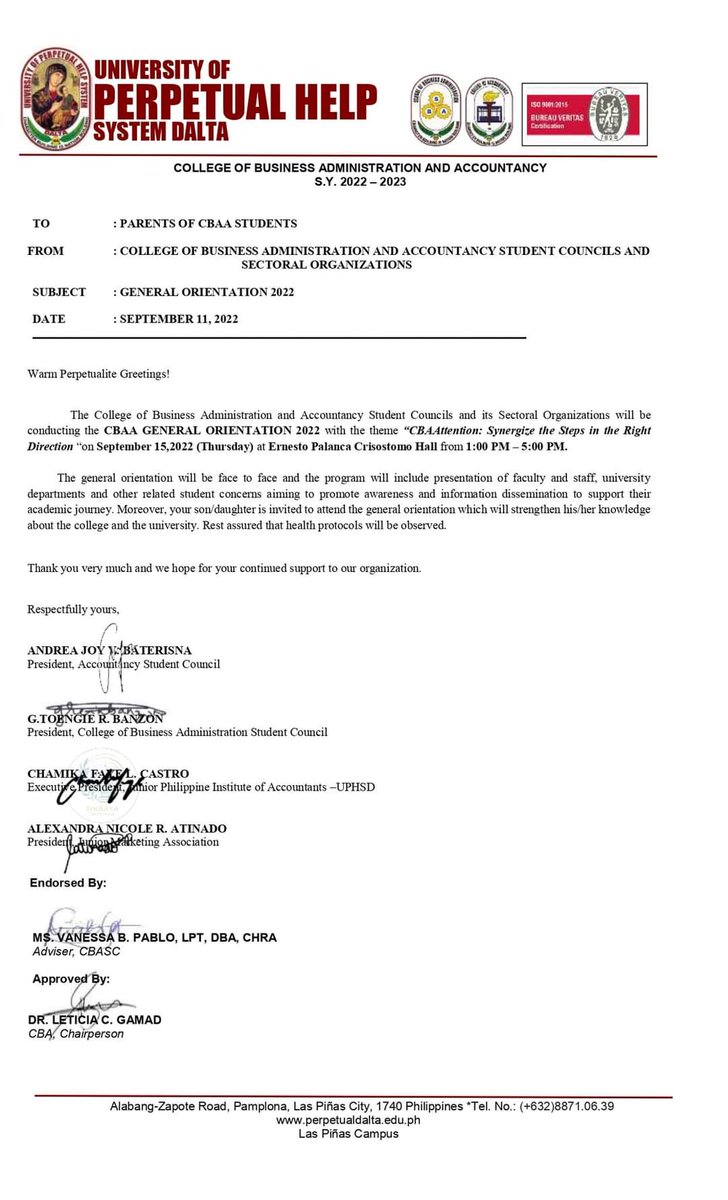 uphsdlpasc's tweet photo. 📢 ATTENTION CBAA STUDENTS 
WHERE: Ernesto Palanca Crisostomo Hall 
WHEN: September 15 2022 (Thursday) from 1:00PM to 5:00 PM 
CALL TIME: 12:00 PM 

ATTIRE:  Perpetual Maroon Shirt 
Pants (Stricly no ripped jeans and Skirt) 
Rubber Shoes 

See You PERPETUALITES!! https://t.co/75dOrzac58