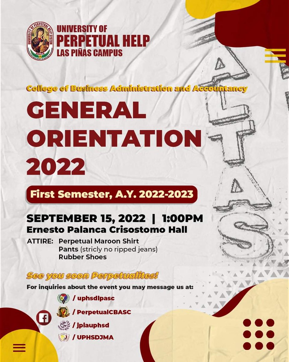 uphsdlpasc's tweet photo. 📢 ATTENTION CBAA STUDENTS 
WHERE: Ernesto Palanca Crisostomo Hall 
WHEN: September 15 2022 (Thursday) from 1:00PM to 5:00 PM 
CALL TIME: 12:00 PM 

ATTIRE:  Perpetual Maroon Shirt 
Pants (Stricly no ripped jeans and Skirt) 
Rubber Shoes 

See You PERPETUALITES!! https://t.co/75dOrzac58