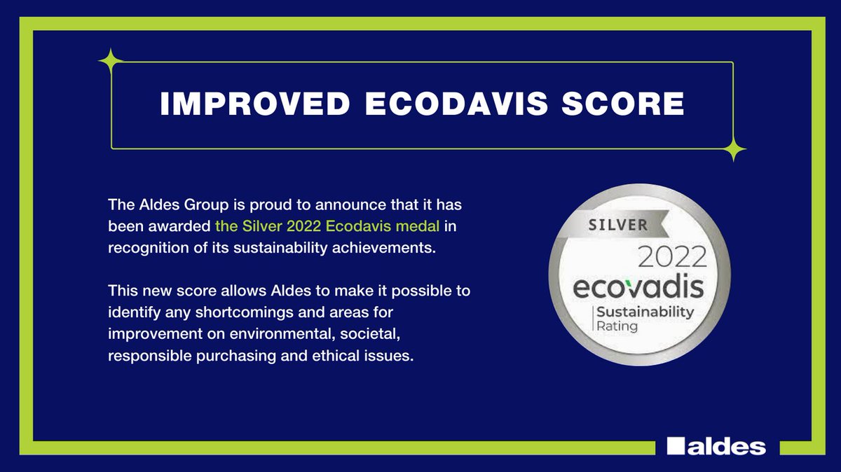Traduction:
Le Groupe Aldes est fier d'annoncer qu'il a reçu la médaille d'argent 2022 Ecodavis en reconnaissance de ses réalisations en matière de durabilité.