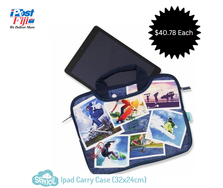 The Spencil iPad Carry Case is:  Soft Protective Fabric,  2 Adjustable Carry Handles, 1 Main Compartment with Double Zip,2 Velcro Side Compartments, and Protective Lining Available at selected Postshops. For further enquiry, you can email care@postfiji.com or call us at 132 123