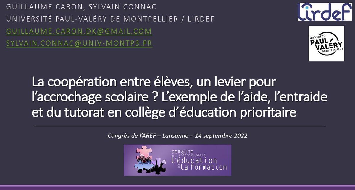 Sylvain Connac ▶️🐘 (@connacsylvain) on Twitter photo En route pour le congrès #AREF à Lausanne <a href="/sief_unil/">Semaine Internationale de l'Education et Formation</a>
Avec <a href="/gcarondk/">Guillaume Caron</a> nous communiquons sur nos travaux autour du tutorat au collège, au sein d'un groupe de recherche sur la coopération conftool.pro/sief2022/index… En route pour le congrès #AREF à Lausanne <a href="/sief_unil/">Semaine Internationale de l'Education et Formation</a>
Avec <a href="/gcarondk/">Guillaume Caron</a> nous communiquons sur nos travaux autour du tutorat au collège, au sein d'un groupe de recherche sur la coopération conftool.pro/sief2022/index…