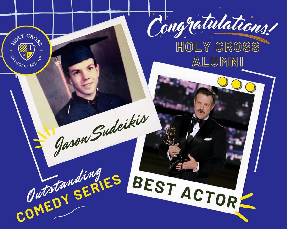 HolyCrossOP's tweet photo. Congratulations to Holy Cross Alumni, Jason Sudeikis, on your Emmys for Best Actor in a Comedy Series and Outstanding Comedy Series.  #hornetstrong #holycrosshornets #jasonsudeikis https://t.co/MSmXTmSQol