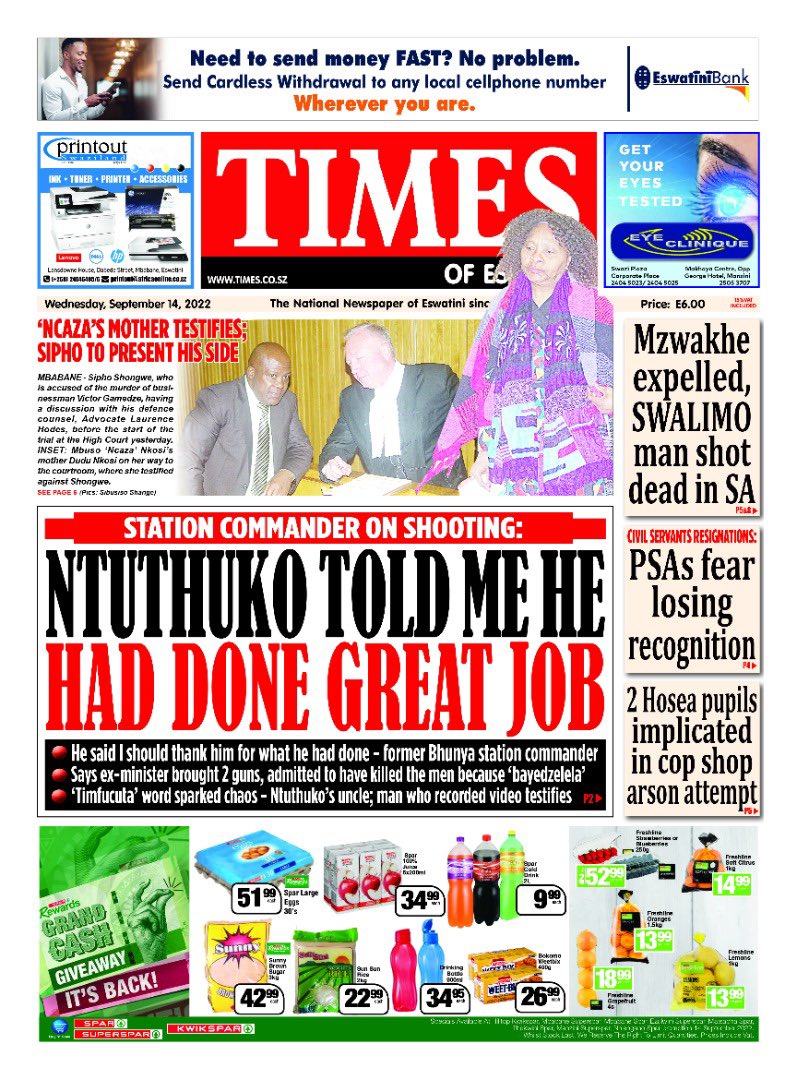 TimesOfEswatinE's tweet photo. #Times of #Eswatini #headlines #September 14, 2022. #NtuthukoCase #SiphoShongwe #Ncaza #SWALIMO #Shootings #violence #copShot #Hosea #PSAs https://t.co/DSxg3QJ8uj