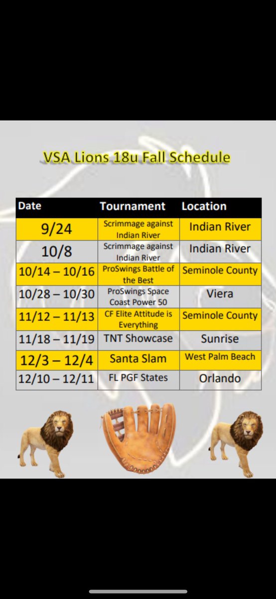 Here is my fall schedule!!  Super excited to get back on the field with my new team <a href="/Vsa_Lions/">VSA Lions 18u</a> <a href="/CoachMonti0105/">Mark Montimurro</a> <a href="/IRSCTheRiver/">Indian River State College</a> <a href="/USFSoftball/">USF Softball</a> <a href="/FSC_Mocs/">Florida Southern Mocs</a> <a href="/Jay33Miller/">Jay Miller</a> @Coach_Chuck32 <a href="/joe_pound/">Joe Pound</a> <a href="/CoachPerkinsSB/">Sharon Perkins</a> <a href="/CoachPetikS/">Shelby Petik</a> @kellie_quarles <a href="/robertiamurri/">Robert Iamurri</a>