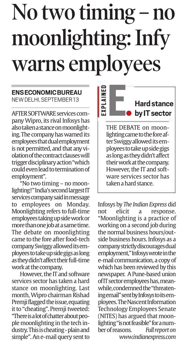 NITESenate's tweet photo. Thanks @IndianExpress for including the views of NITES and IT Employees. #Infosys should also share how much overtime salary they are paying to employees as well...
#ITEmployees #StrongerTogether #UnitedWeWin #StandAsOne #JoinNITES #JusticeforEmployees https://t.co/aWxTV6Fgvq