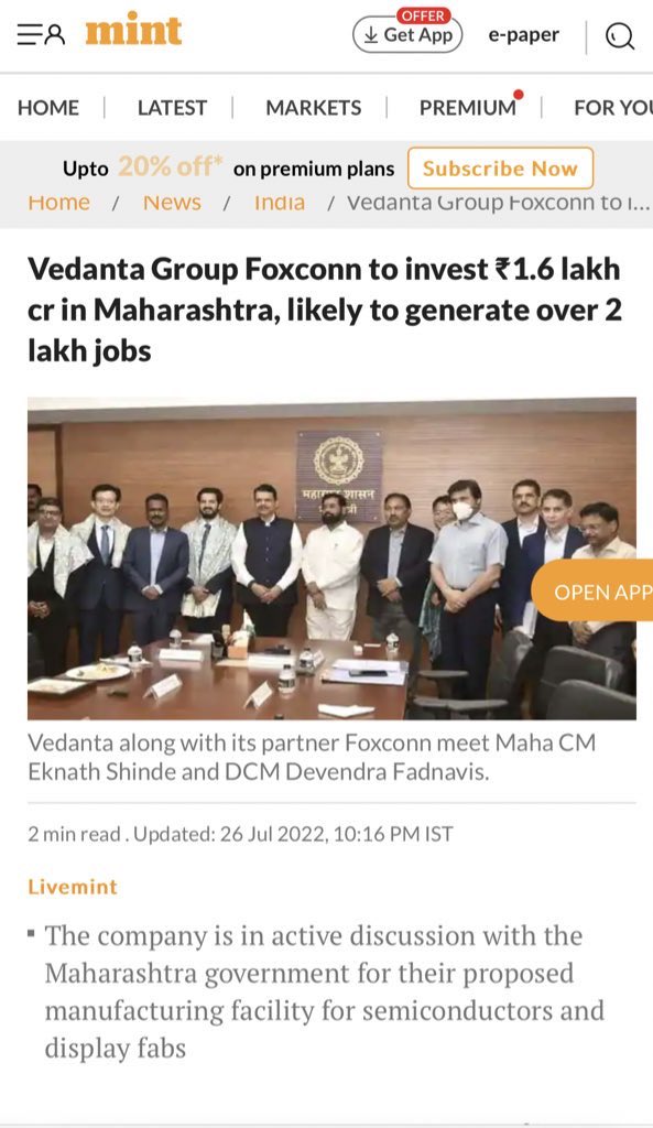 Check Propaganda of @SardesaiRajdeep! Claims MVA Govt almost finalised deal with Vedanta-Foxconn. But when asked for proof.. Shows article of July 27 when Eknath Shinde was CM. Didn't say MVA had cancelled 5 Billion dollar deal with Foxconn in 2020. Such love for MVA.