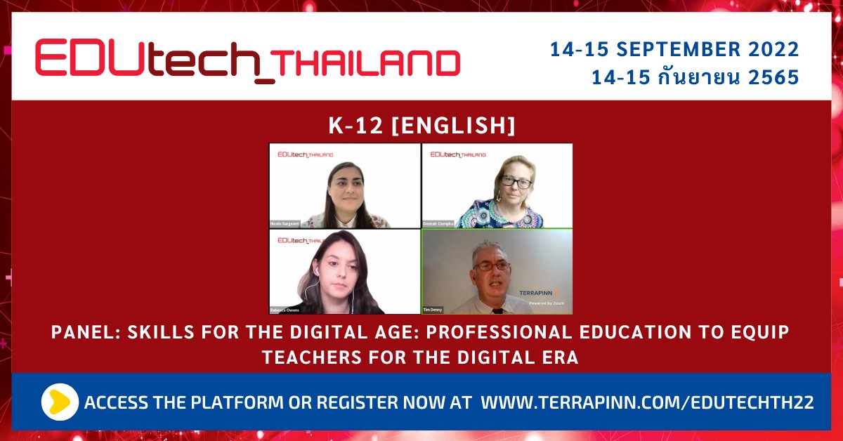 edutech_asia's tweet image. LIVE NOW @ #EDUtechTH
At #K12
Panel: Skills for the digital age: professional education to equip teachers for the digital era
@kpisbangkok, @AscotThailand, @RegentsSchool, ADB
Get your free pass now at | รับบัตรผ่านฟรี: bit.ly/3pishUv
#Inspirationineducation #HigherEd