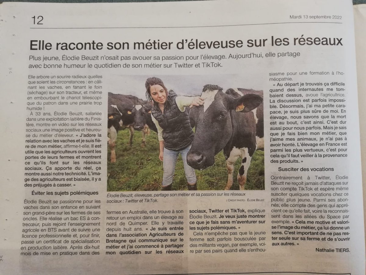 Elodie2988's tweet photo. Un petit article dans le @OuestFrance hier à l’occasion du @SPACERennes 😊
Merci à @NathalieTiers 😉 
Direction le space pour moi aujourd’hui avec l’équipe d’@agriculteursBzh 😊 
Bonne journée☀️ https://t.co/A7rFi4qClx