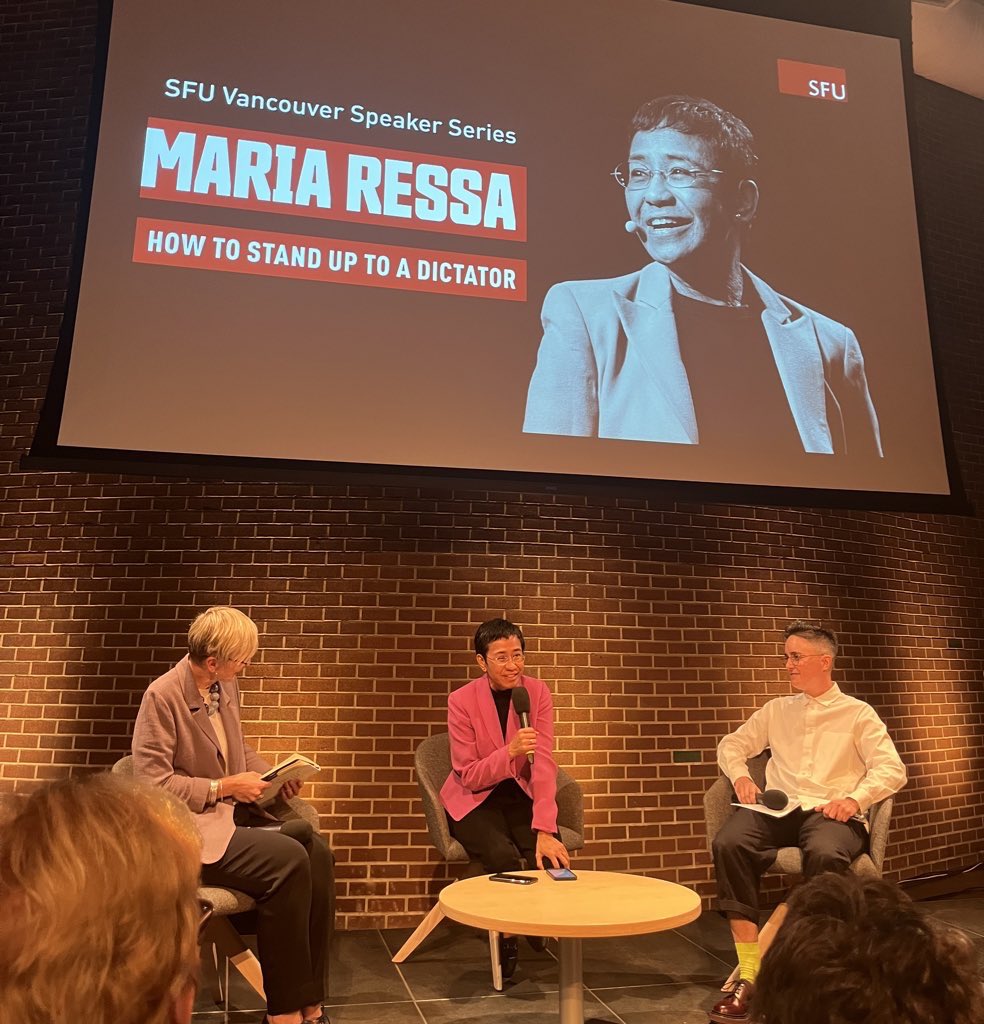 s_williscraft's tweet photo. Had the privilege of hearing @mariaressa speak to @UBCJournalism and @SFU students tonight!! Extremely inspired, etc. https://t.co/IRiVjiYnvf