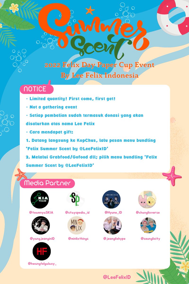 k_upofcoffee's tweet photo. 🍹 🅵🅴🅻🅸🆇 🆂🆄🅼🅼🅴🆁 🆂🅲🅴🅽🆃 🍹 

A Lee Felix Birthday Cafe, Donation, and Giveaway Event. 

🏙 Kopi Chuseyo Cempaka Putih &amp; 9 Cabang lainnya
📆 15 September 2022
🕛 12.00 PM - Sold out
📄 𝘼 𝙬𝙖𝙡𝙠-𝙞𝙣 𝙚𝙫𝙚𝙣𝙩

🏝 #FelixSummerScent #HappyFelixDay 🏝 https://t.co/VzH6Uq5UgN