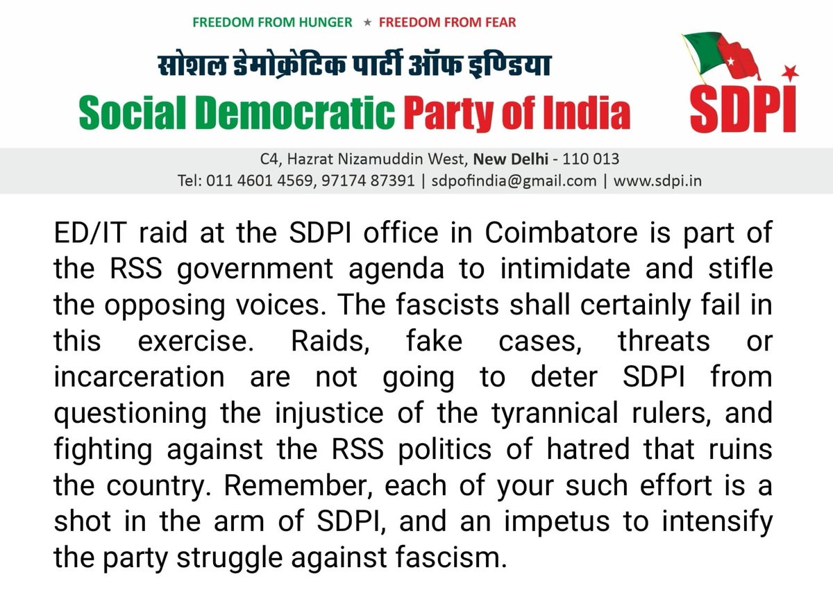 ED/IT raid at the SDPI office in Coimbatore is part of the RSS government agenda to intimidate and stifle the opposing voices. The fascists shall certainly fail in this exercise. @sdpofindia
