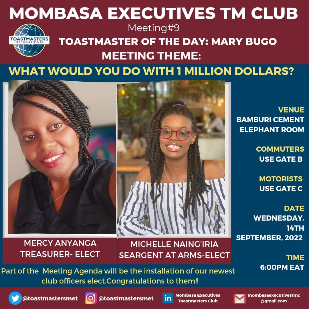 Join us at 6pm today! 🤗
We look forward to having you for another one of our engaging session this evening at Mombasa Executives Toastmasters Club!

#toastmastersmet #toastmasters #leadership #publicspeaking #purpose