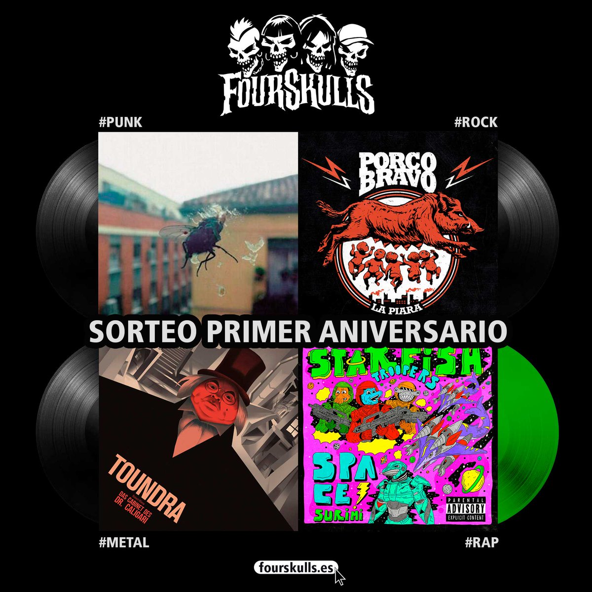 Four_Skulls's tweet photo. Acabamos de activar un #sorteo en nuestro Instagram para celebrar nuestro primero año en redes. Date una vuelta por el y llévate 4 vinilos por la cara. #FourSkulls #FourSkullsStore #Punk #Rock #Metal #Rap
https://t.co/gXj3G7eBiQ https://t.co/SnW13cp9Ae