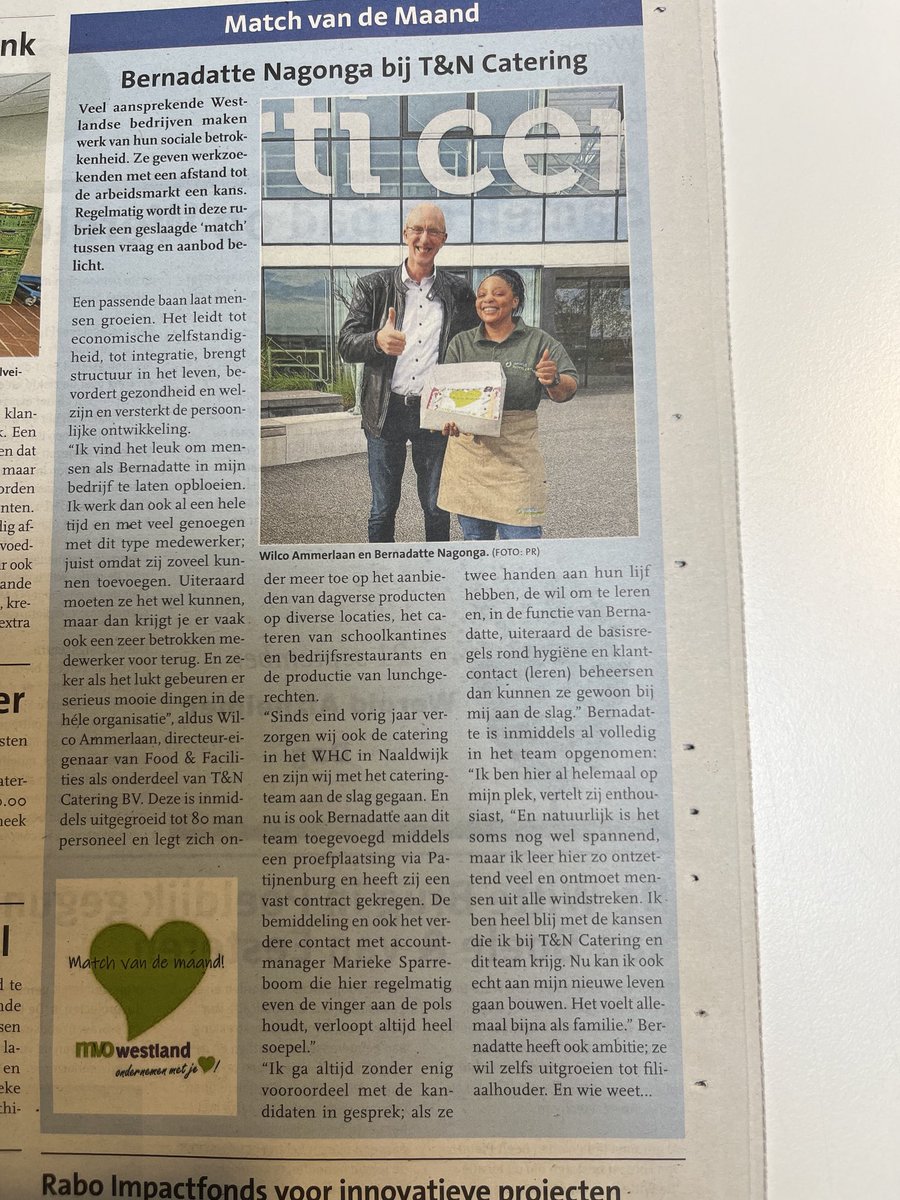 Gefeliciteerd Wilco en Bernadette met deze mooie match in een vast contract bij het cateringteam van ⁦⁦<a href="/WorldHortiCentr/">World Horti Center</a>⁩.  En ga voor je ambitie Bernadette!