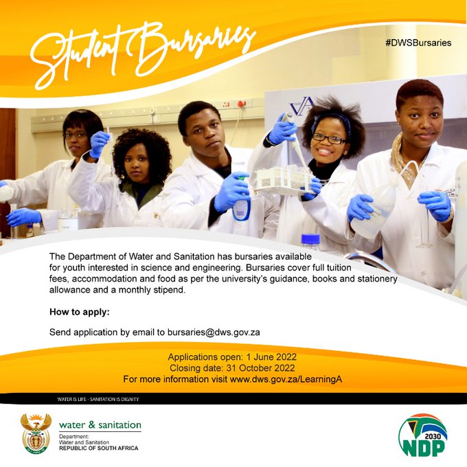 GovernmentZA's tweet photo. Good morning SA! The @DWS_RSA has bursaries available for the 2023 academic year. 
The closing date is 31 October 2022. See the poster for more information!
#DWSBursaries https://t.co/heV7SuMheK