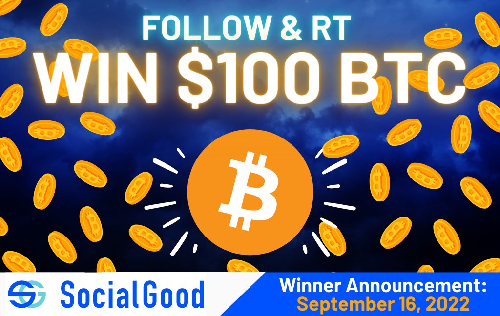 SocialGood_Inc's tweet photo. 🌌 Win $100 in $BTC 🌌
1⃣Follow &amp; 2⃣Retweet this
for a chance to win $100 worth of #Bitcoin for our 64th RT/Share #Giveaway!💰
We'll tag the lucky winner on Sept. 16.

Download the SocialGood App today and get a 
🌟$100 Sign-Up Bonus🌟! 🤩
📲https://t.co/L4UnmDFtRa https://t.co/duPQOTienC