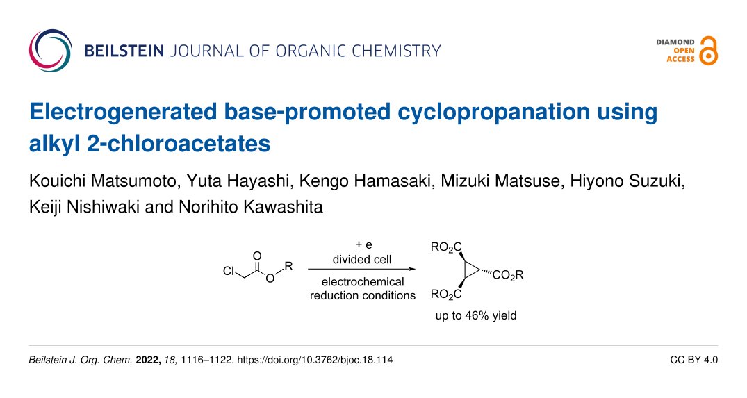 BeilsteinInst's tweet photo. Norihito Kawashita et al. developed a new #electrochemical transformation of alkyl 2-chloroacetates to #cyclopropane derivatives.
#cyclopropanation #environmentallyfriendly 💚 #electrochemistry ⚡
🔗 https://t.co/G4JMz5Fkyy
DiamondOpenAccess 💎🔓 #BJOC https://t.co/sBsZeEoqpZ