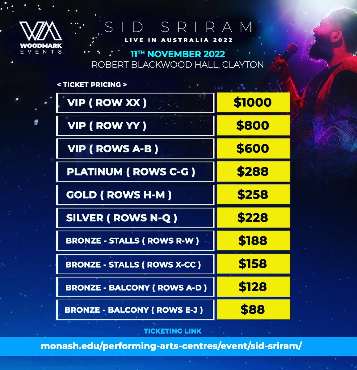 WoodmarkEvents's tweet photo. THE WAIT IS OVER!
Get your tickets to Sid Sriram,
Live In Australia this November 2022 🇦🇺!!

Ticket prices starts from $88 only! Take your pick. Choose your party area!

Ticketing Link : 
https://t.co/30sGvCloEo https://t.co/nZVYiIZJuI