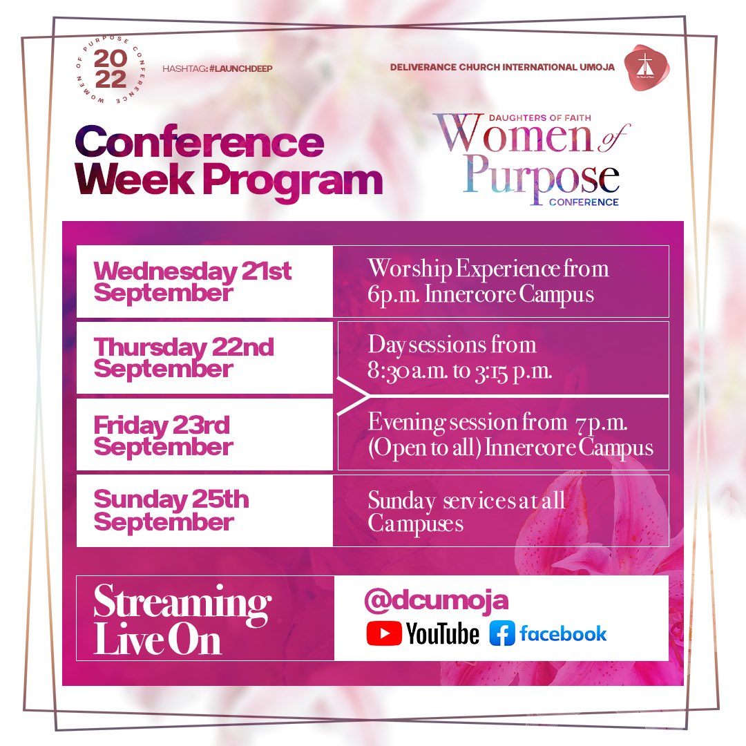 dcumoja's tweet photo. Women of Purpose Conference is about reaching women in our community, to praise God, encourage one another and delight in His word.
Our program is set😊
Note: The Worship Experience and last sessions on Thursday and Friday is open to everybody 🥳
#WOP2022
#GreatCatch
#LaunchDeep https://t.co/CVAhJ2v7Aw