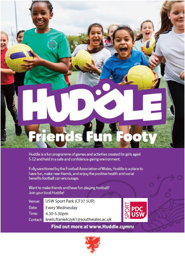 @USWSport Park is proud to support Huddle, an @FAWTrust initiative to get 5-12 yr old girls playing football.

Open to all, new players welcome & starts next week. Can't wait to meet you all 😍

-Wednesday evenings
-4.30-5.30pm
-@USWSport Park
 
⚽️🐉💜👧

fawtrust.cymru/get-inspired/n…