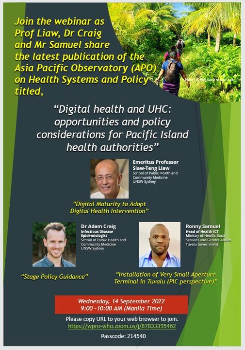 Adam Craig (@adam_craig2) on Twitter photo Thank you <a href="/WHOWPRO/">World Health Organization (WHO) Western Pacific</a> for hosting today's seminar on the use of #digitalhealth to support the achievement of #UHC in the #Pacific islands.
Read the <a href="/AP_Observatory/">APO on health systems</a> Policy Brief on the topic here>> tinyurl.com/3drpxbxh
<a href="/UNSWMedicine/">UNSW Medicine & Health</a> <a href="/whoccunsw/">WHO Collaborating Centre on eHealth (AUS-135)</a> <a href="/spc_cps/">Pacific Community</a> <a href="/ForumSEC/">Pacific Islands Forum</a> <a href="/WHO/">World Health Organization (WHO)</a> Thank you <a href="/WHOWPRO/">World Health Organization (WHO) Western Pacific</a> for hosting today's seminar on the use of #digitalhealth to support the achievement of #UHC in the #Pacific islands.
Read the <a href="/AP_Observatory/">APO on health systems</a> Policy Brief on the topic here>> tinyurl.com/3drpxbxh
<a href="/UNSWMedicine/">UNSW Medicine & Health</a> <a href="/whoccunsw/">WHO Collaborating Centre on eHealth (AUS-135)</a> <a href="/spc_cps/">Pacific Community</a> <a href="/ForumSEC/">Pacific Islands Forum</a> <a href="/WHO/">World Health Organization (WHO)</a>