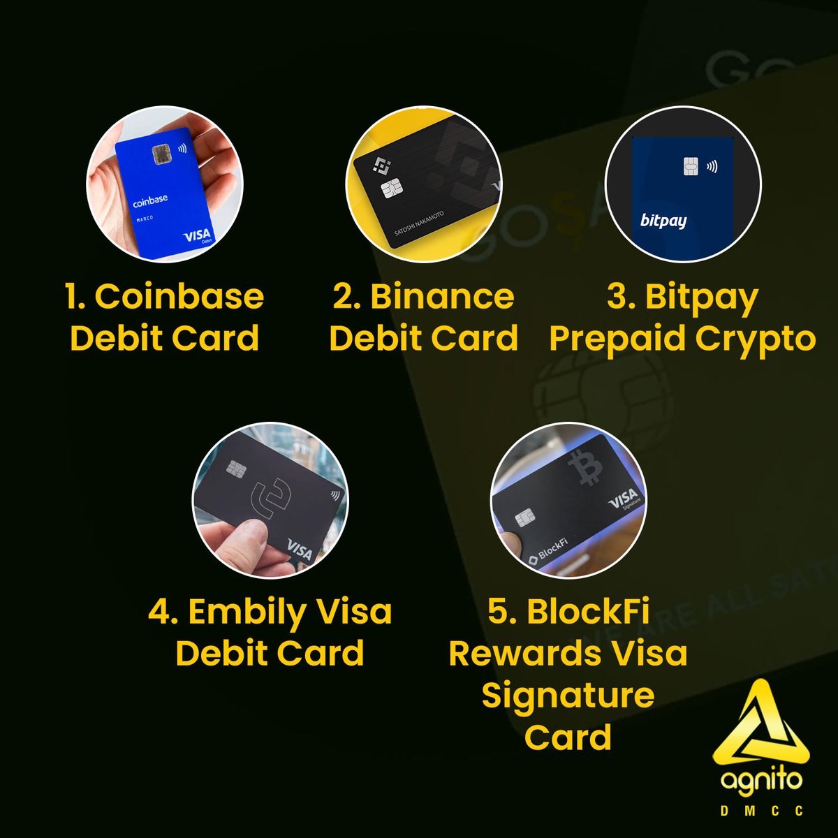 agnito_dmcc's tweet photo. Here are the 🔟best popular #Crypto #DebitCards💳 to help you to decide which #card is the best for you.💰

#AgnitoDMCC #bitcoin #bitcoinnews #cryptonews #Coinbase #Binance #Bitpay #EmbilyVisa #BlockFiRewardsVisa #NexoMastercard #TRASTRA #UpholdMastercard #JubiterDebitCard https://t.co/ns7Y8vcVNF