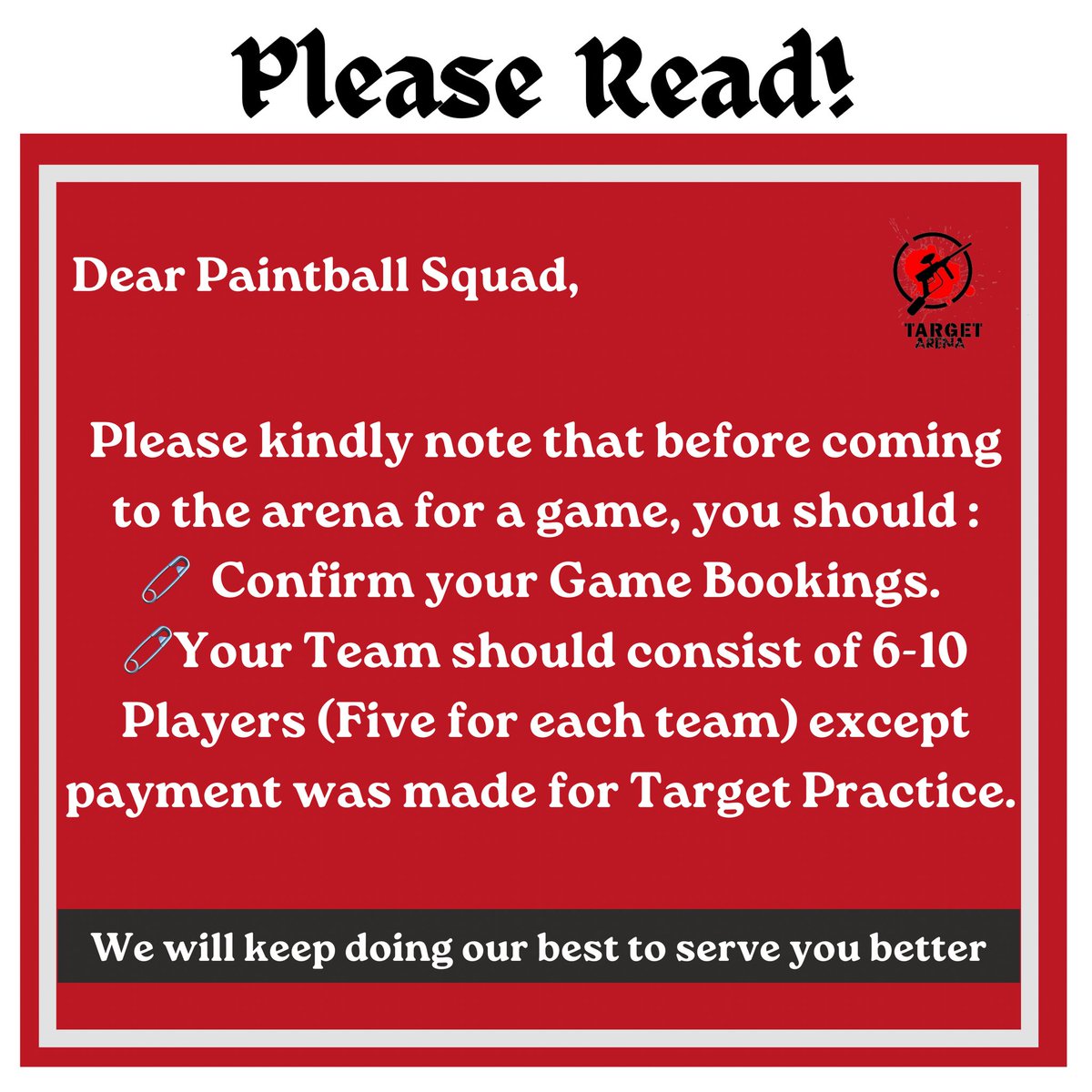 Targetarenajos's tweet photo. Important Notice 🛑

Please kindly note that before coming to the arena for a game you should:

📍Confirm your Game bookings.

📍For a full game your team has to consist of 6-10 players for you to enjoy it better.

📍You can book for a game from Wednesday-Sunday.(2pm-6pm) https://t.co/IX7a9hDoed