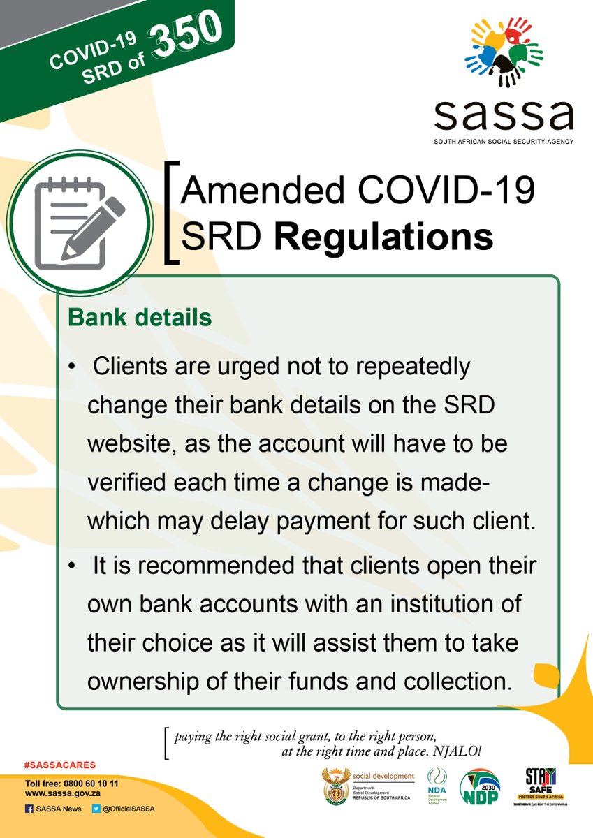 Clients are urged not to repeatedly change their bank details on the SRD website, as the account will have to be verified each time a change is made- which may delay payment for such client <a href="/The_DSD/">Social Development</a> <a href="/nda_rsa/">NDA-RSA</a> <a href="/GovernmentZA/">South African Government</a> 

#SASSACARES