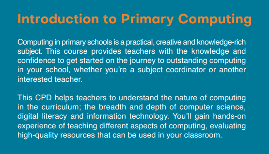 CompSciCastle's tweet photo. 🙌A £220 subsidy is available for eligible schools to fund cover for course attendance!

Join us on 27 September 2022 @ IKB Primary School, Wellington with @DigitalPrimaryT for this popular NCCE primary computing course! 💻

Book here👉https://t.co/kcSrI36M4d

#primary #computing https://t.co/jhjWvb2Blh