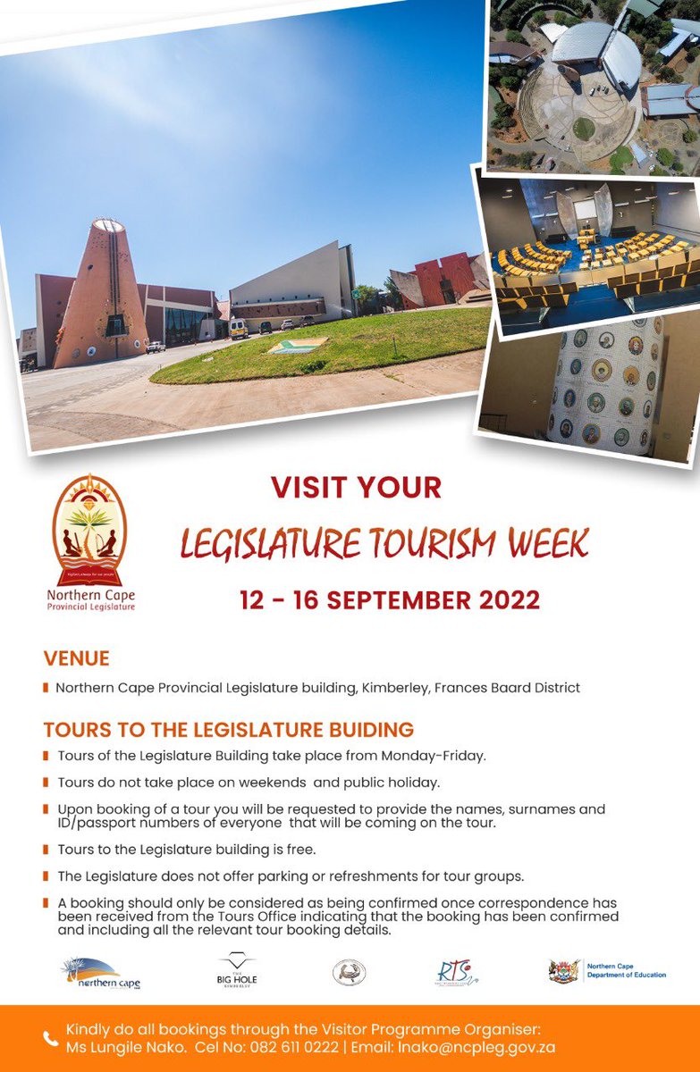 NorthernCapeSA's tweet photo. The Northern Cape Legislature Week is open for free tours this week, come with your friends and family to experience the Legislature #NCSoMuchMoreToFeel. https://t.co/19kNZqkrtW