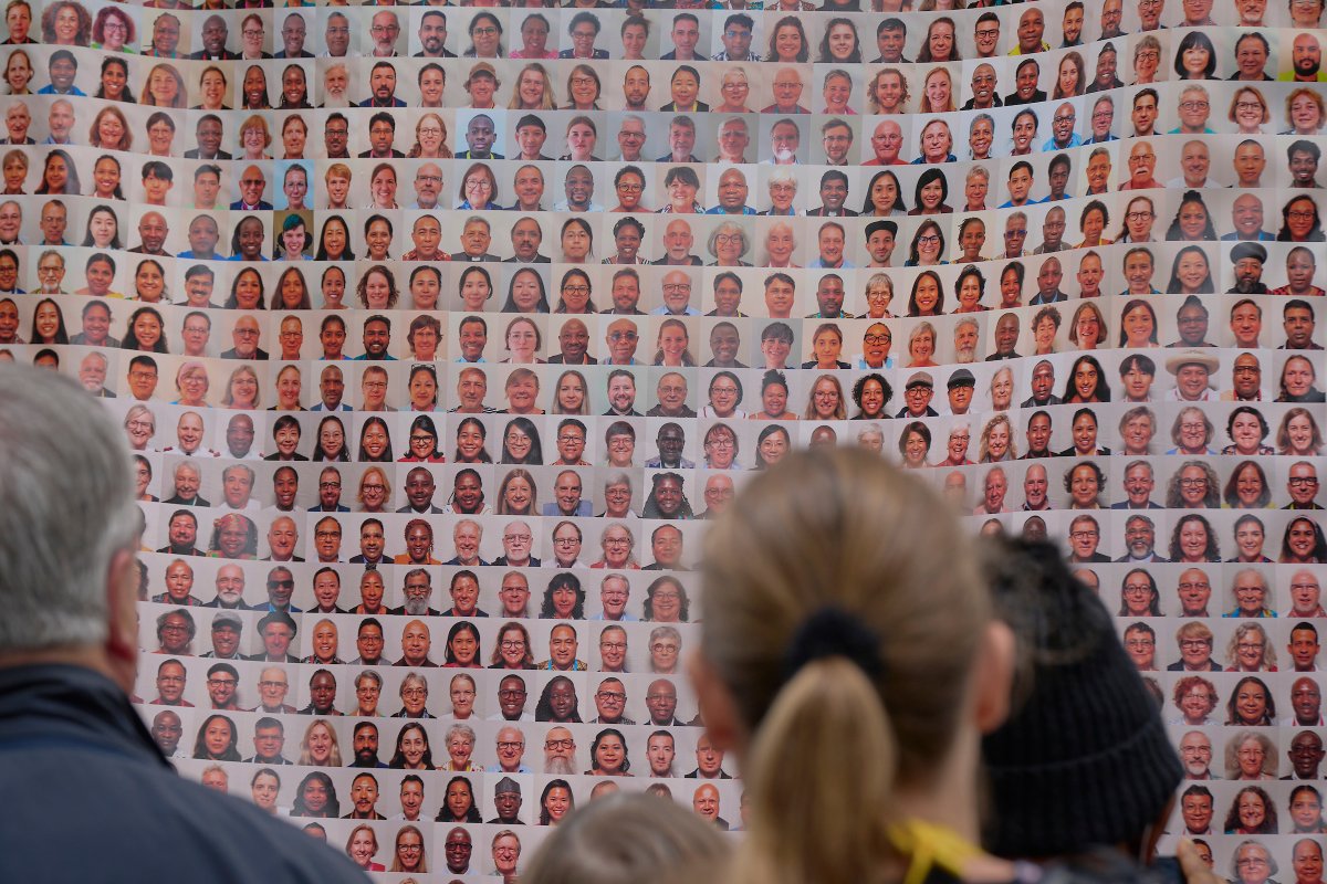 Oikoumene's tweet photo. #WCCassembly: The “Ecumenical Face” of the 11th Assembly in Karlsruhe was displayed on the final day – a collective portrait of 1004 participants. To download the banner and learn more about the project, visit: https://t.co/V6eQq9hTap https://t.co/gh54W5Td3I