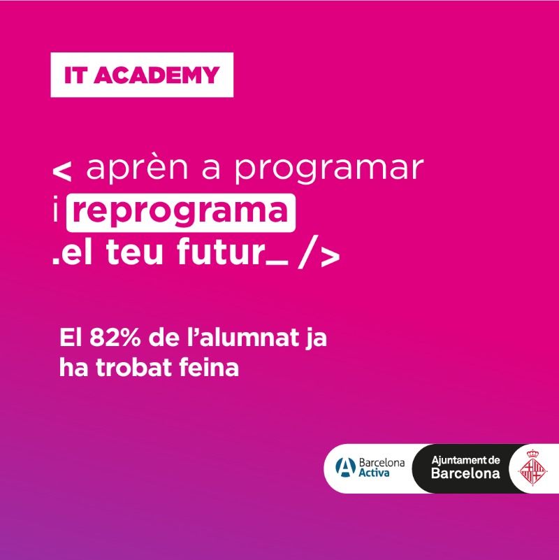 barcelonactiva's tweet photo. El teu futur està escrit… però en codi! 💻 

Aprèn a programar en només 18 setmanes i reprograma el teu futur amb IT Academy. El 82% de l’alumnat ja ha trobat feina al sector TIC i amb un salari superior a la mitjana.

Què estàs esperant? Tu ho vals! 💪🏽