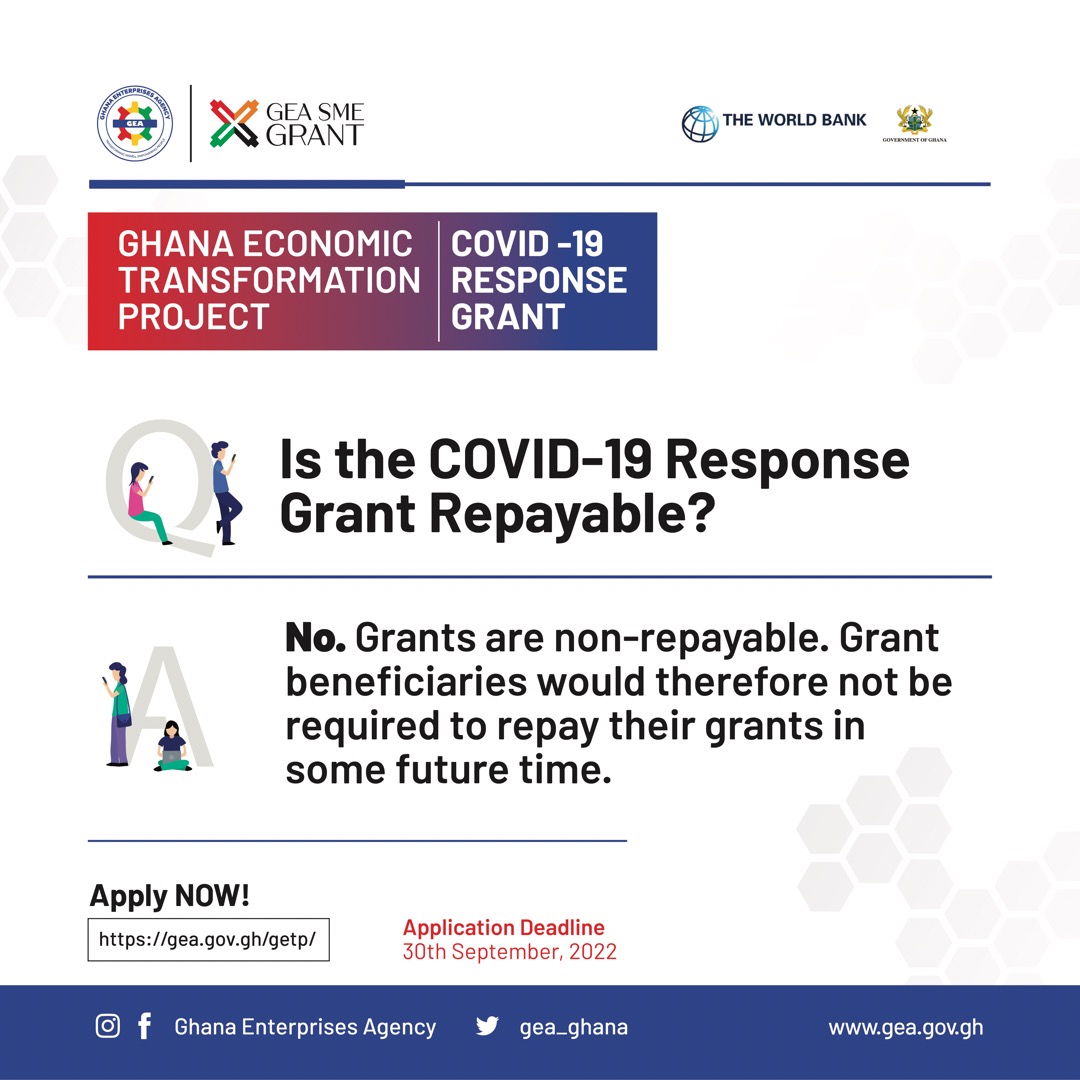 gea_ghana's tweet photo. All grants awarded under the #COVID19ResponseGrant program are not loans that would require repayments.

#GETP       
#EmpoweringPeople
#COVID19ResponseGrant #GrantSectoralExpansion
#TransformingSMEs https://t.co/J64BeAOxXP