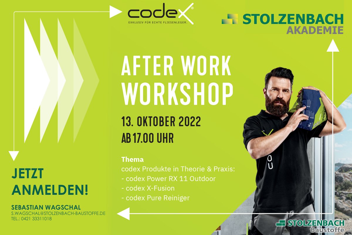 +++ KOSTENLOSES HANDWERKER-SEMINAR +++
👉codex After-Work Workshop am 14. Juli 2022
20. Juni 2022- Anmelden hier >>stolzenbach-baustoffe.de/wp-content/upl…
#codex #Fliesen #handwerker #seminar #kostenlos