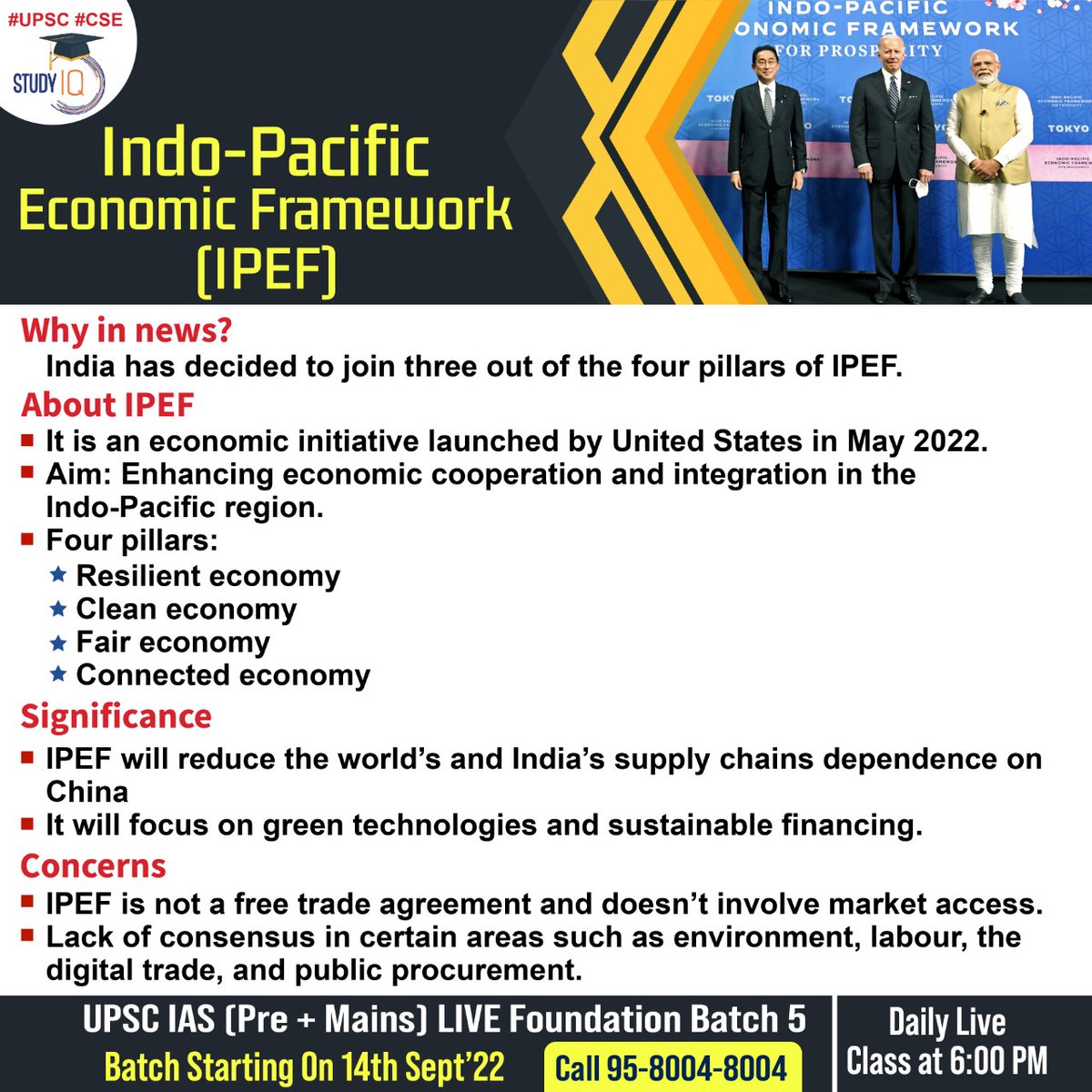 upsciq's tweet photo. #Indo-#Pacific #Economic #Framework (IPEF)
#indopacific #economicframework #ipef #whyinnews #india #unitedstate #aim #enhancingeconomic #cooperation #intergration #resilienteconomy #cleaneconomy #faireconomy #connectedeconomy #china #enviroment #labour #digitaltrade https://t.co/qSszmzU9w2