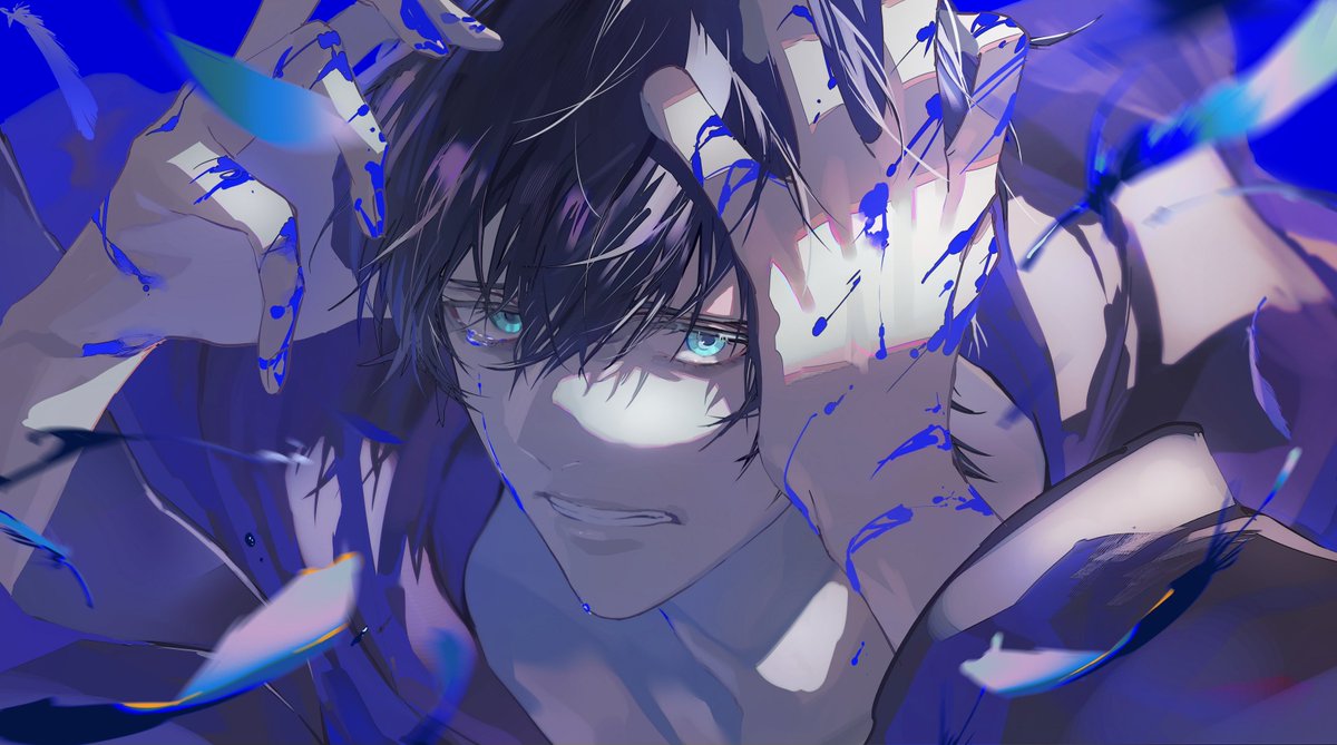 male focus 1boy solo short hair blue eyes black hair looking at viewer  illustration images